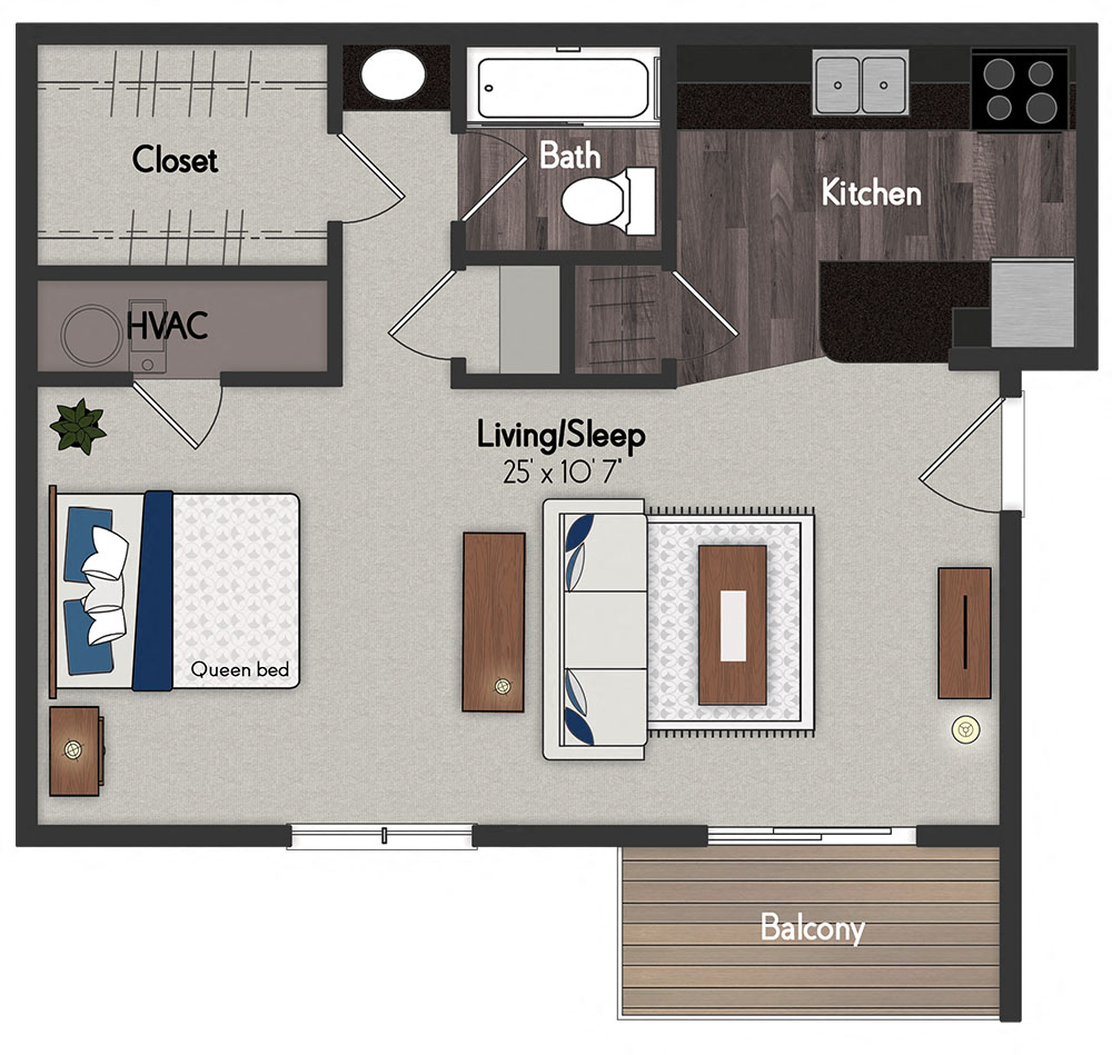 Floor plan for studio, 1 bath, 559 sqft